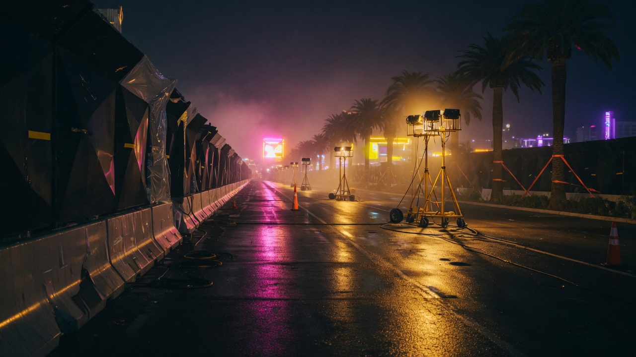 Night construction corridor with barriers and work lights