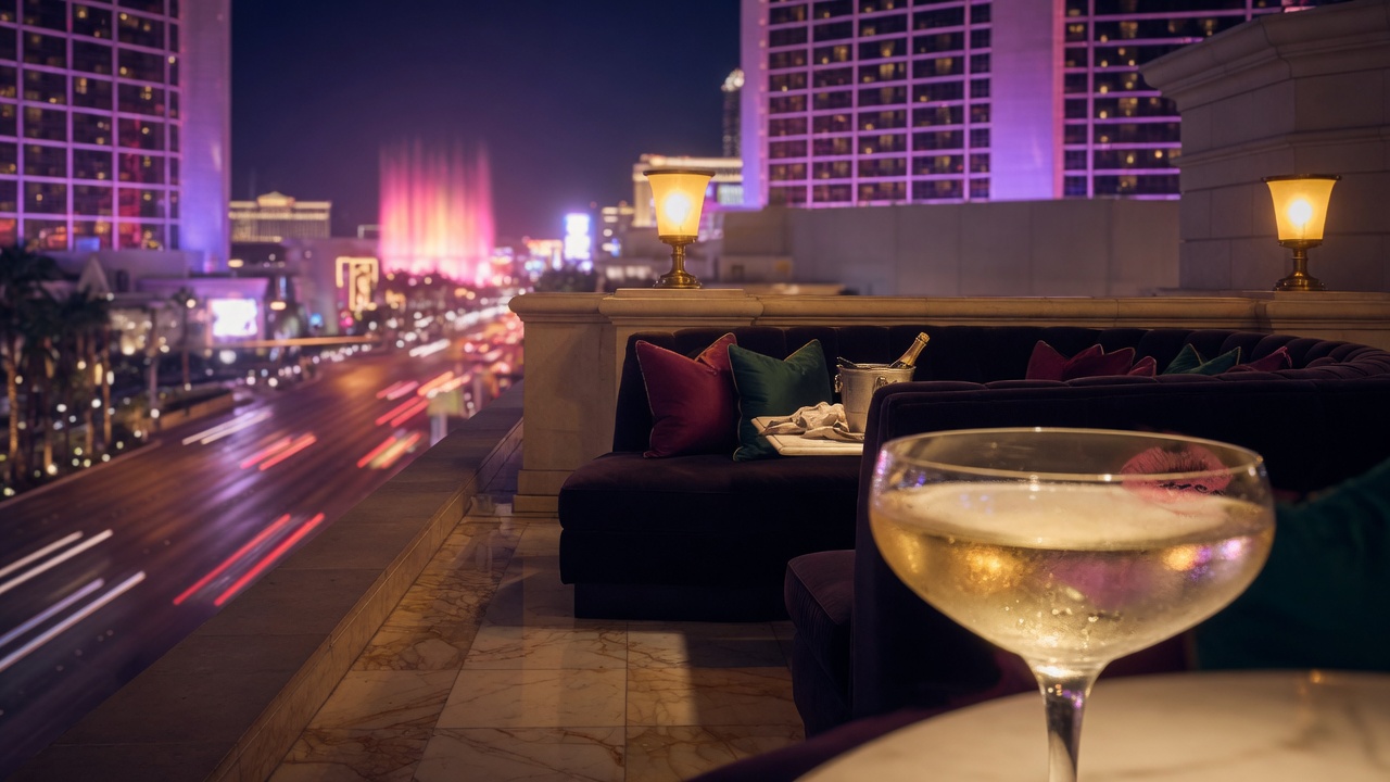 Hotel terrace at night above a glowing boulevard